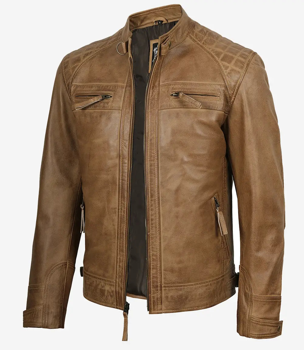 Men's Quilted Shoulder Camel Brown Biker Style Leather Jacket