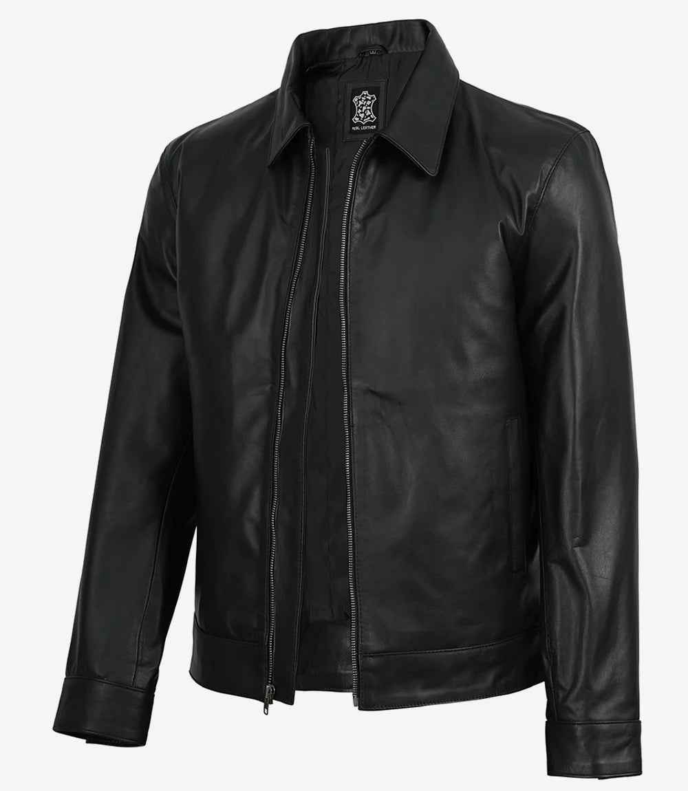 Michael Men Michael Men's Black Cowhide Leather Jacket with Shirt Collar