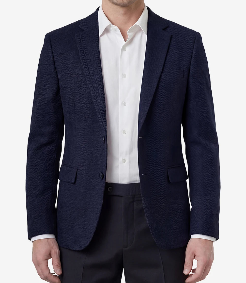 Mens Navy Blue Herringbone Wool Blend Blazer Jacket