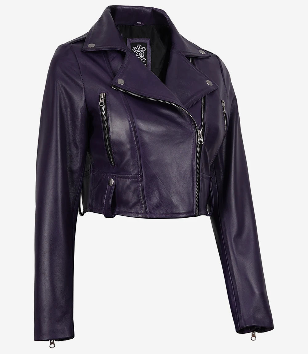 Women's Purple Lambskin Leather Cropped Biker Jacket – Asymmetric Zip