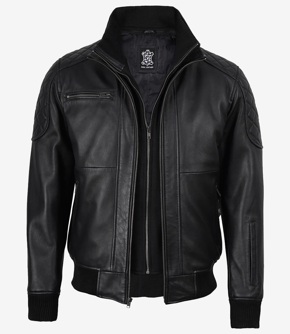 Men's Black Quilted Leather Bomber Jacket with Removable Hood