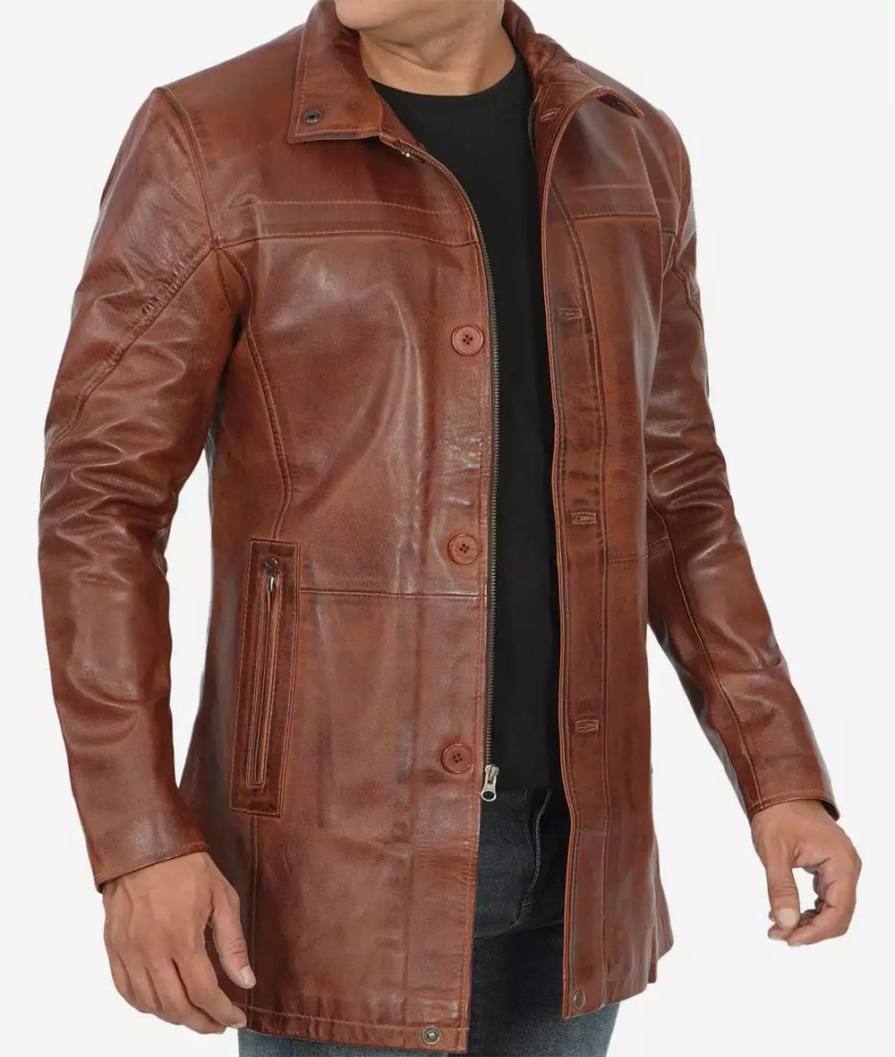 Mens Tall Cognac Waxed Brown Mid Length Leather Car Coat