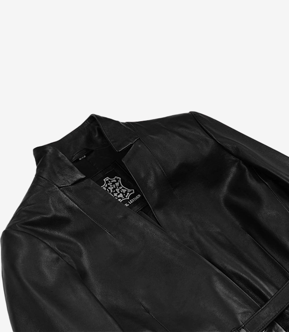 Women's Single Button Black Belted Leather Blazer - Black - view 6