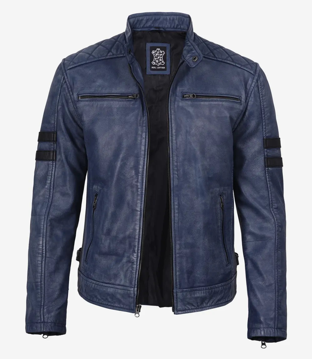 Men's Washed Blue Biker Style Leather Jacket With Black Stripes