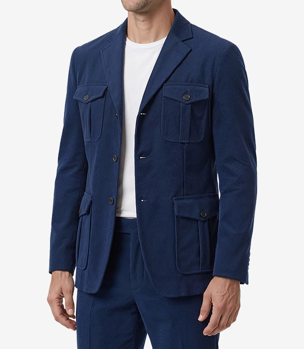 Men's Vintage Blue Corduroy Notch Lapel Two Piece Suit