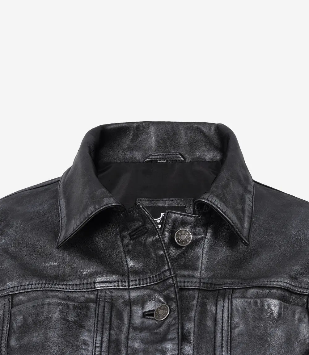 Women's Washed Black Trucker Leather Jacket