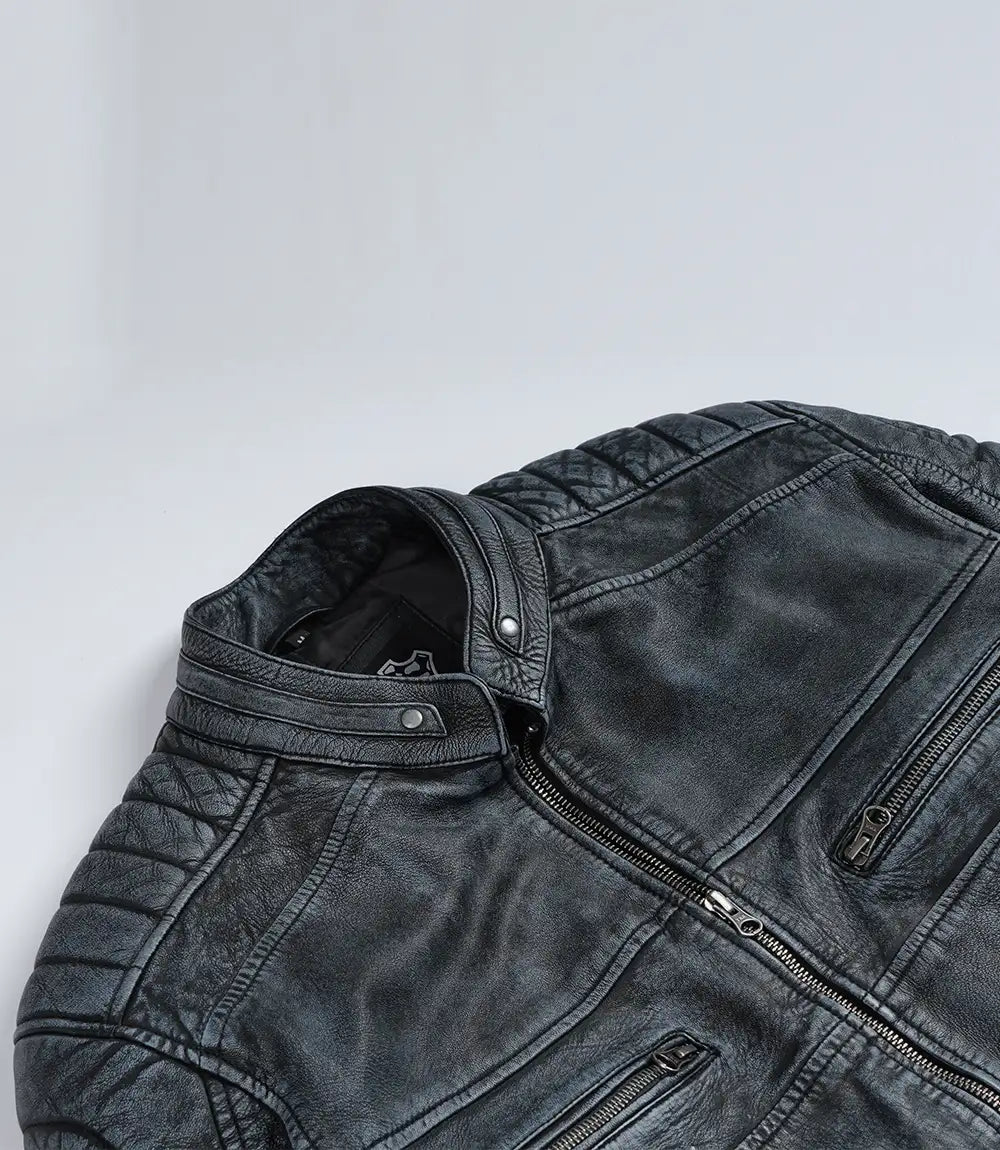 Men's Distressed Washed Black Leather Cafe Racer Jacket