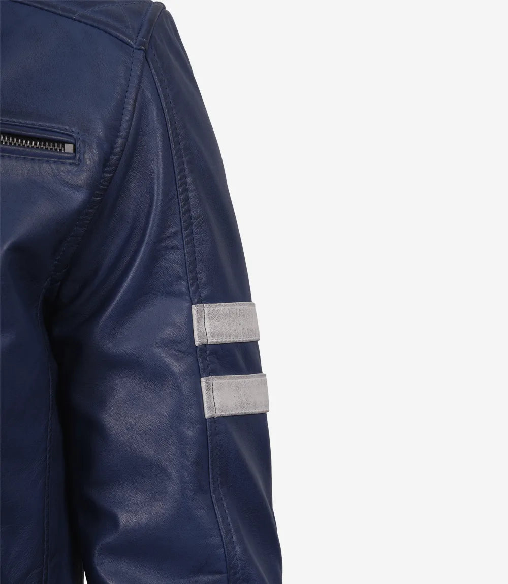 Men's Blue Waxed Leather Biker Style Jacket With White Stripes