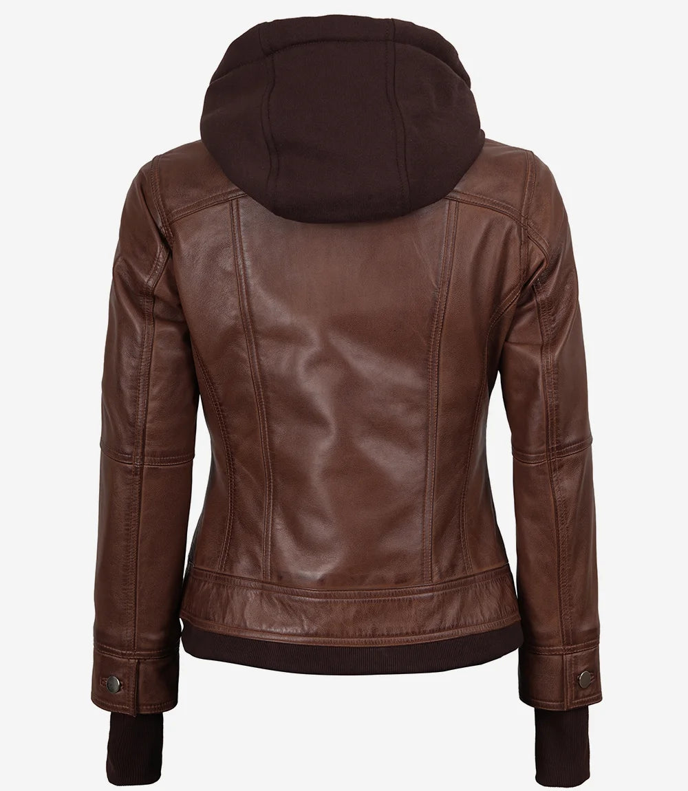 Women's Cognac Wax Bomber Leather Jacket With Removable Hood