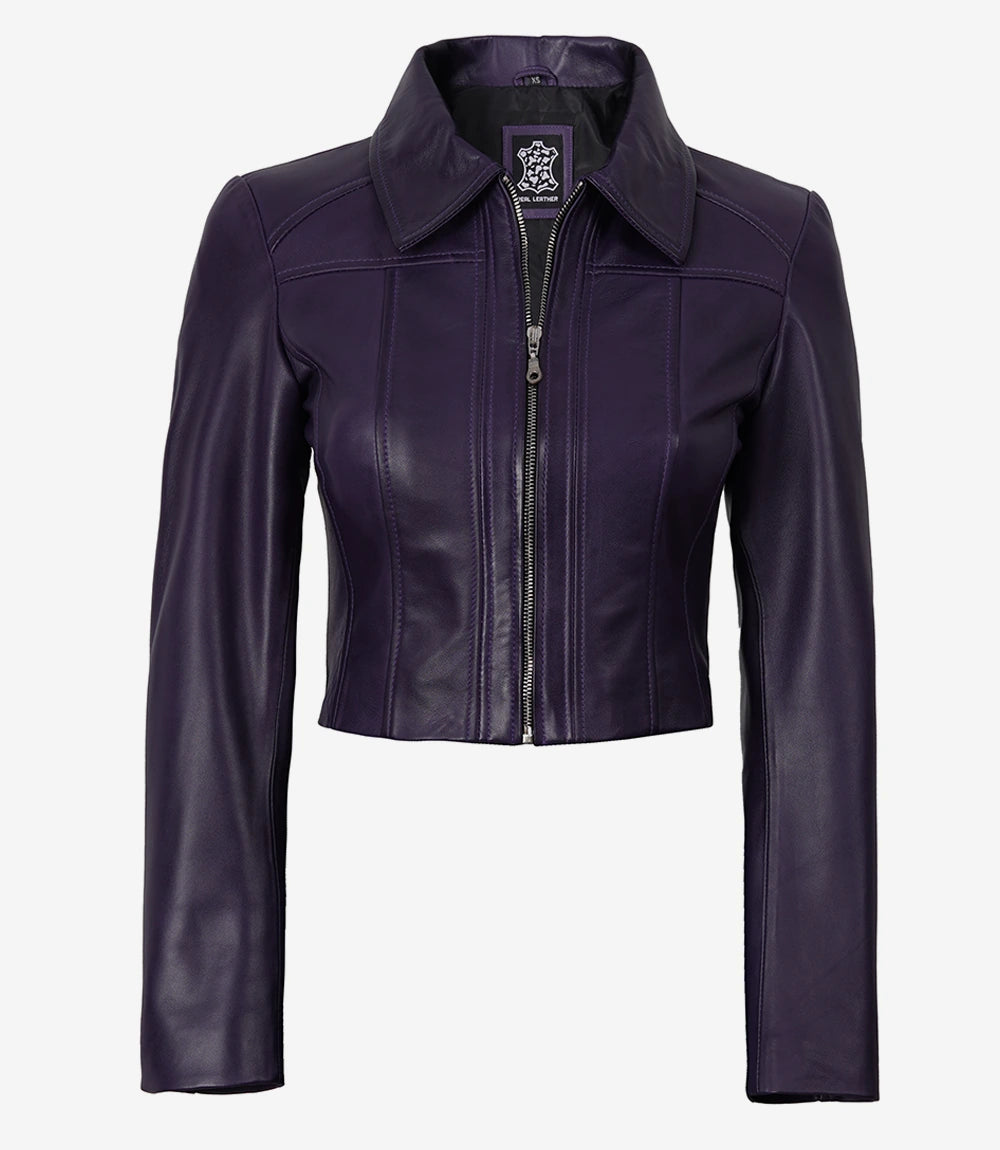 Women's Cropped Purple Leather Jacket