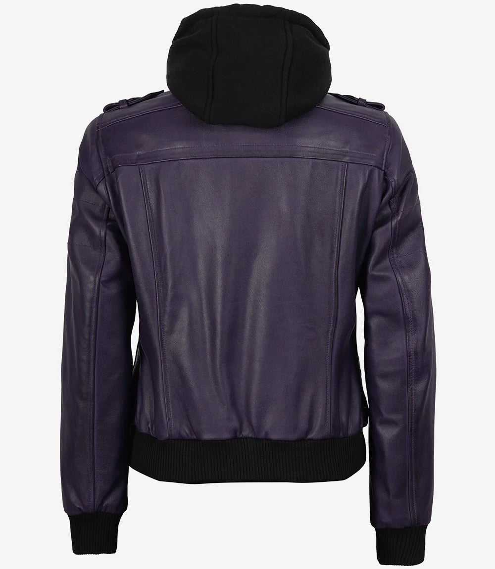 Women's Purple Bomber Leather Jacket with Removable Hood