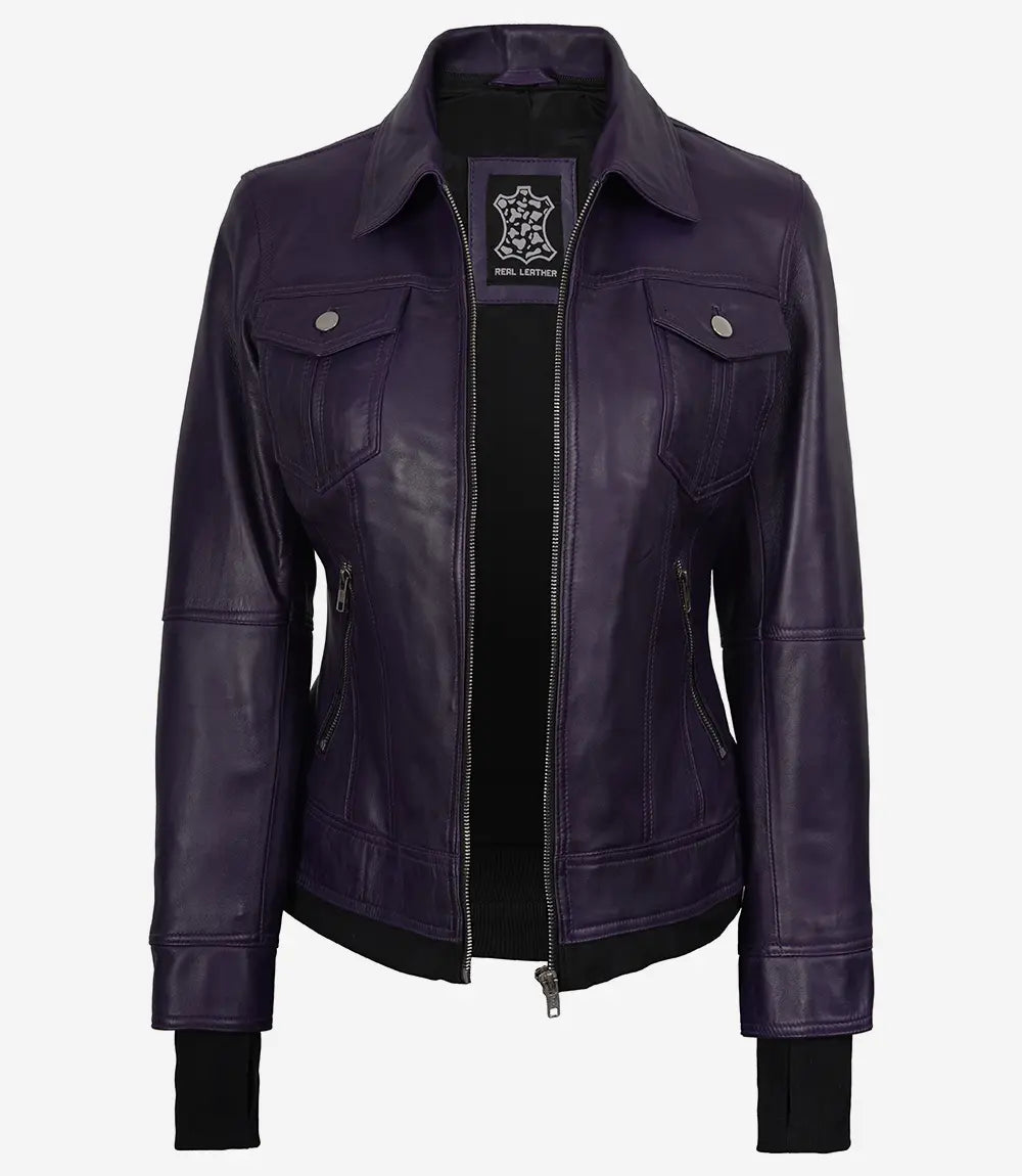 Women's Purple Bomber Leather Jacket - Removable Hood