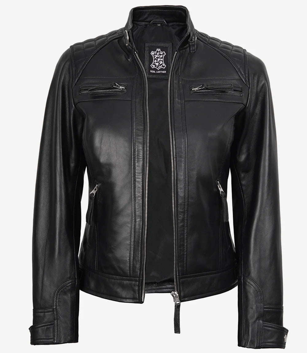 Womens Black Leather Biker Style Jacket - Quilted Shoulder