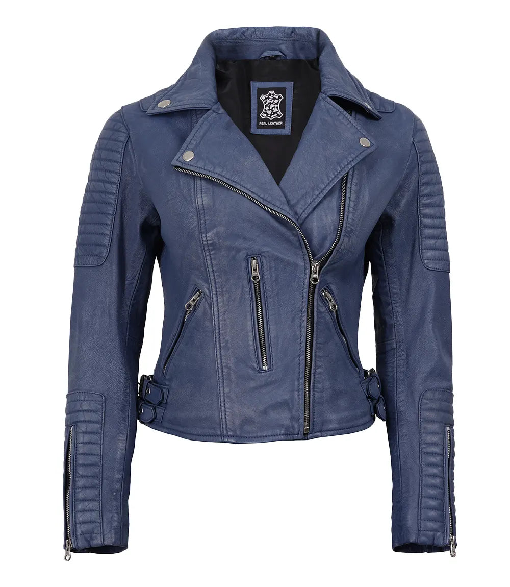 Women's Blue Washed Asymmetrical Leather Biker Jacket