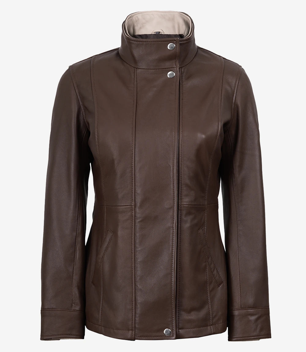 Womens High-Collar Dark Brown Leather Jacket With Beige Details