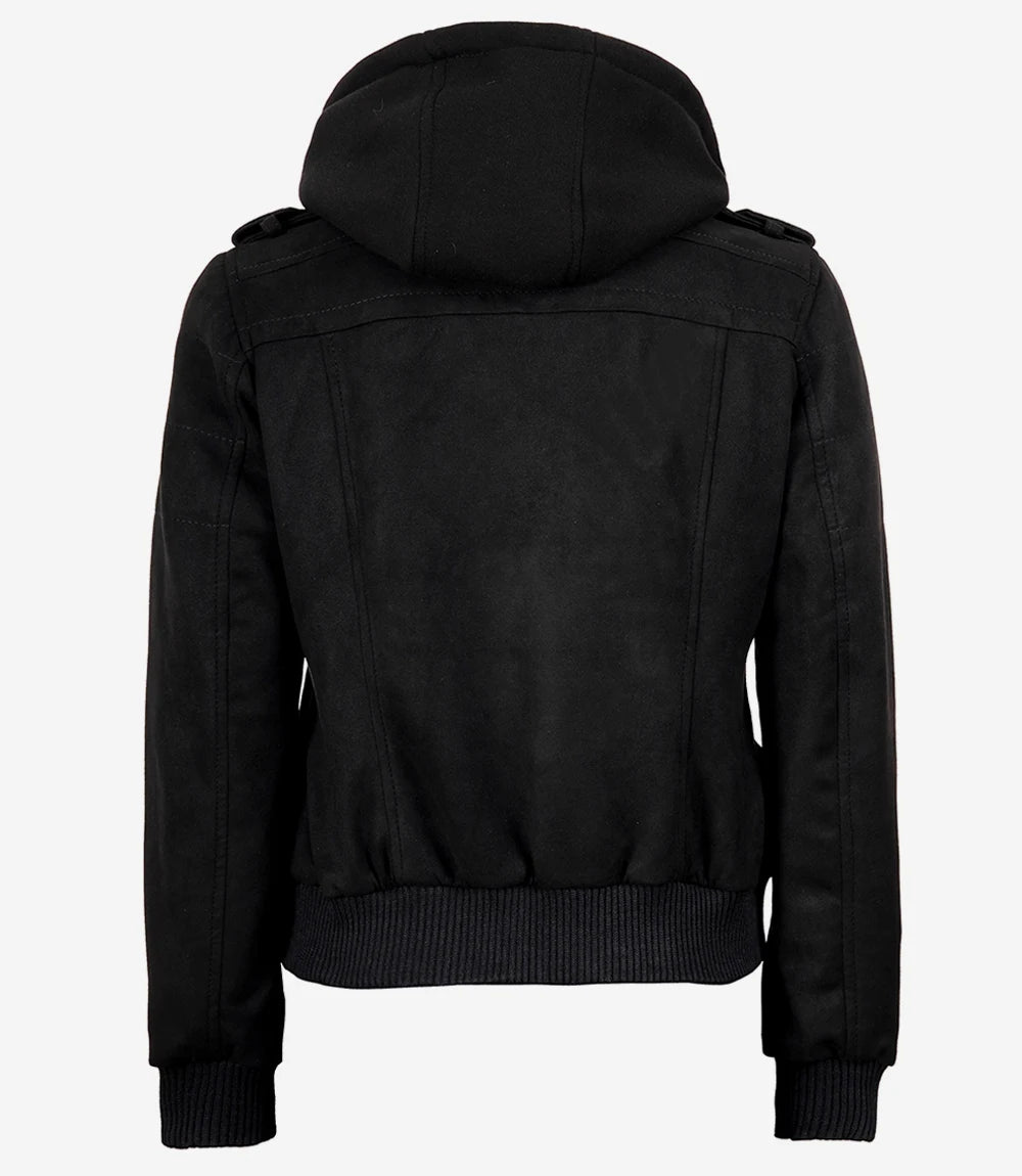 Women's Black Faux Suede Hooded Bomber Jacket
