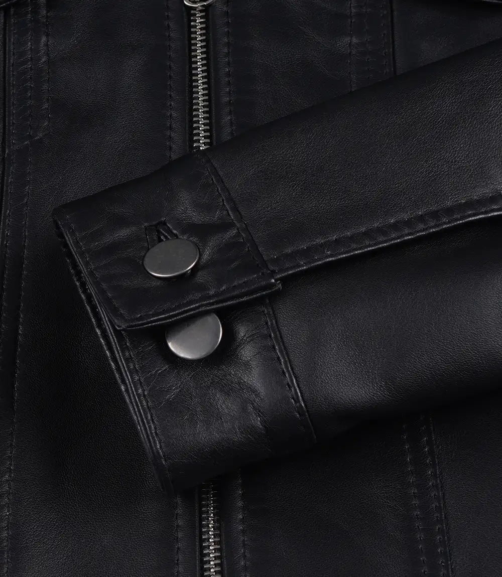 Women's Black Real Leather Cropped Trucker Jacket