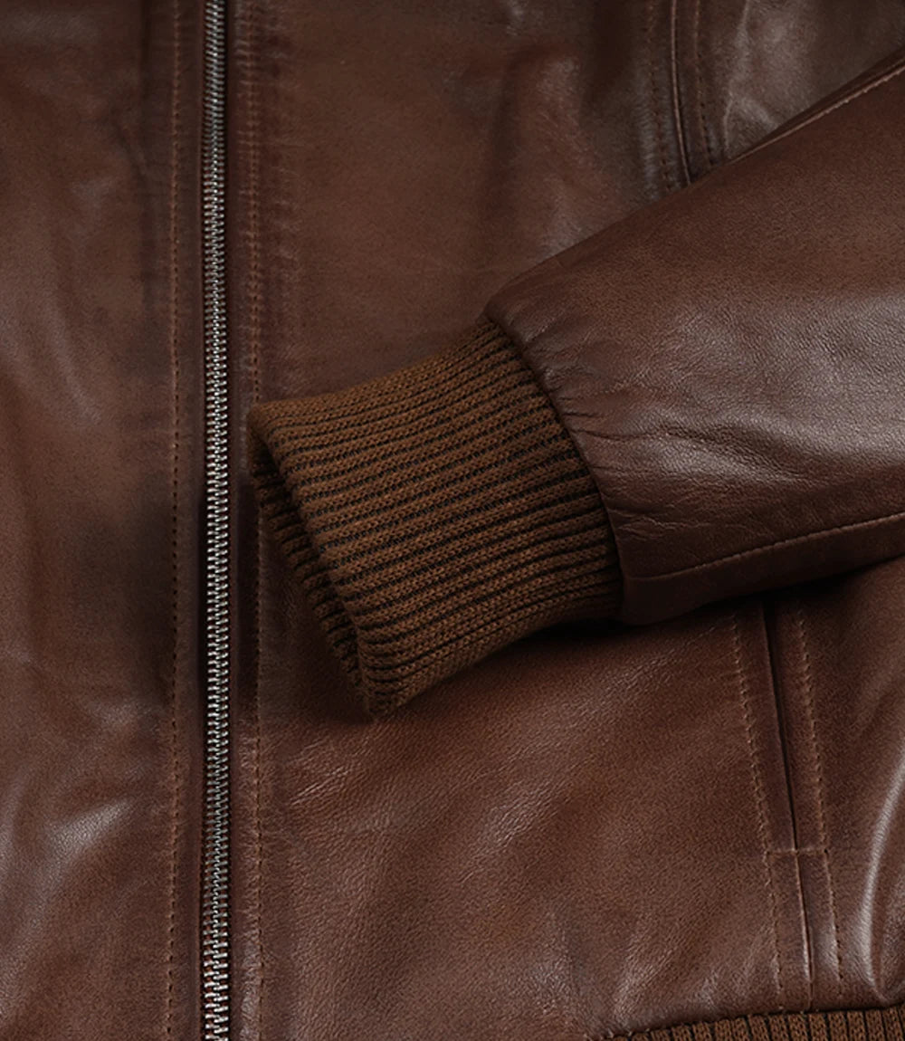 Women's Cognac Waxed Leather Bomber Jacket with Shirt Collar