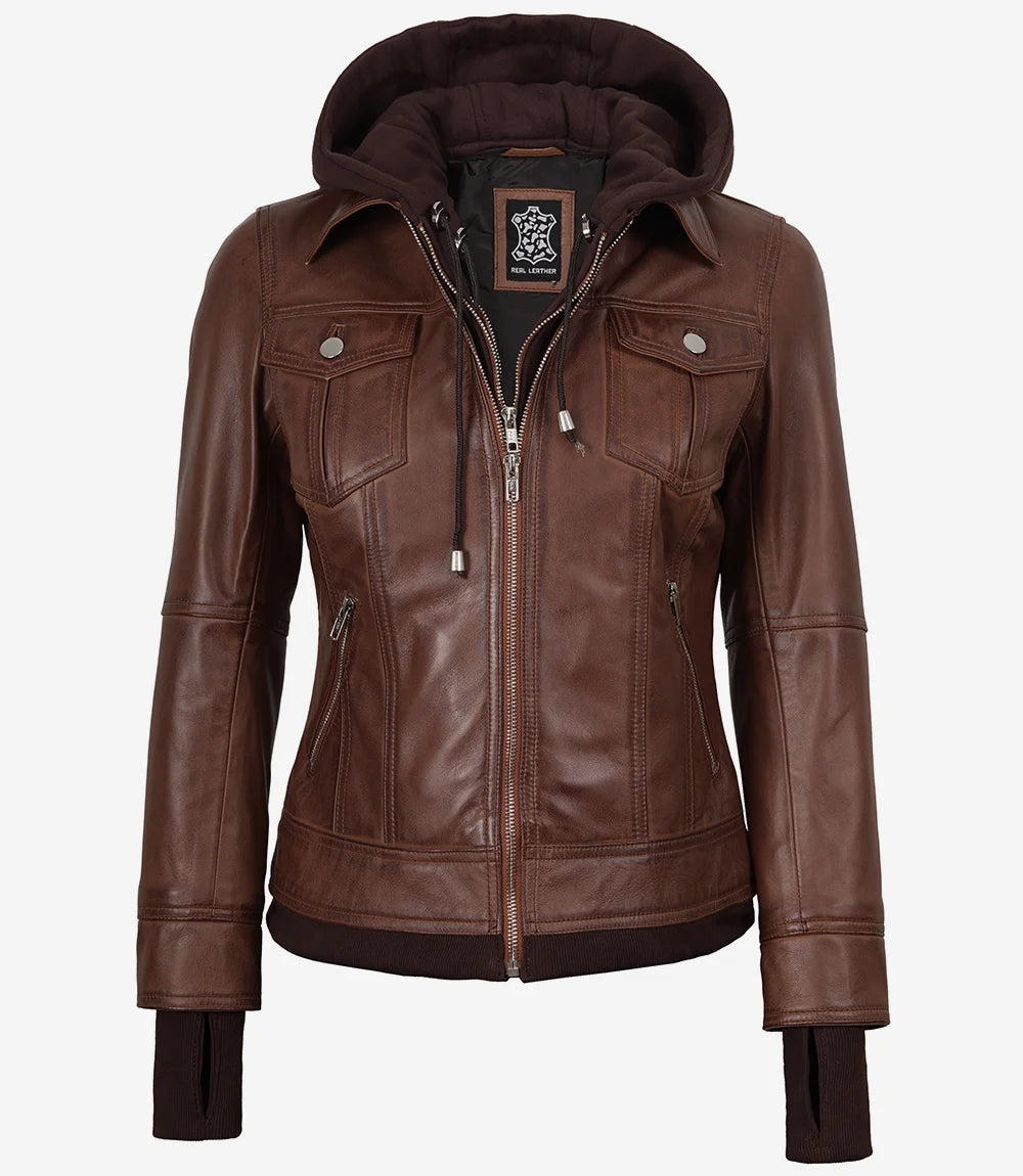 Women's Cognac Wax Bomber Leather Jacket With Removable Hood