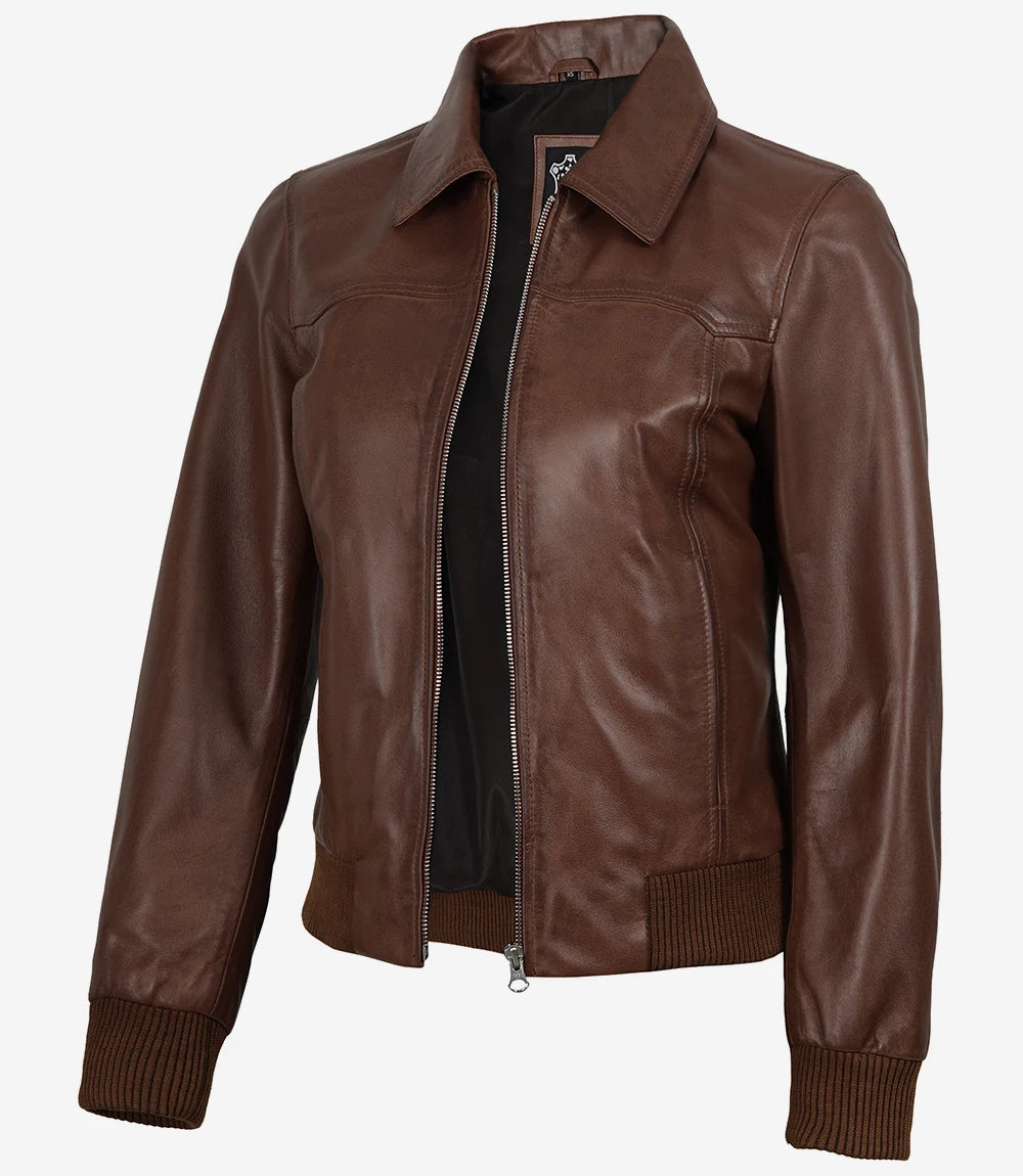 Women's Cognac Waxed Leather Bomber Jacket with Shirt Collar