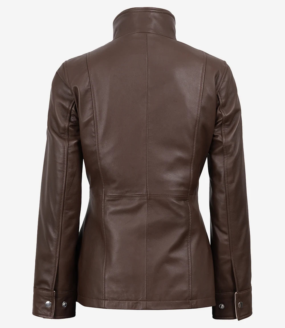 Womens High-Collar Dark Brown Leather Jacket With Beige Details
