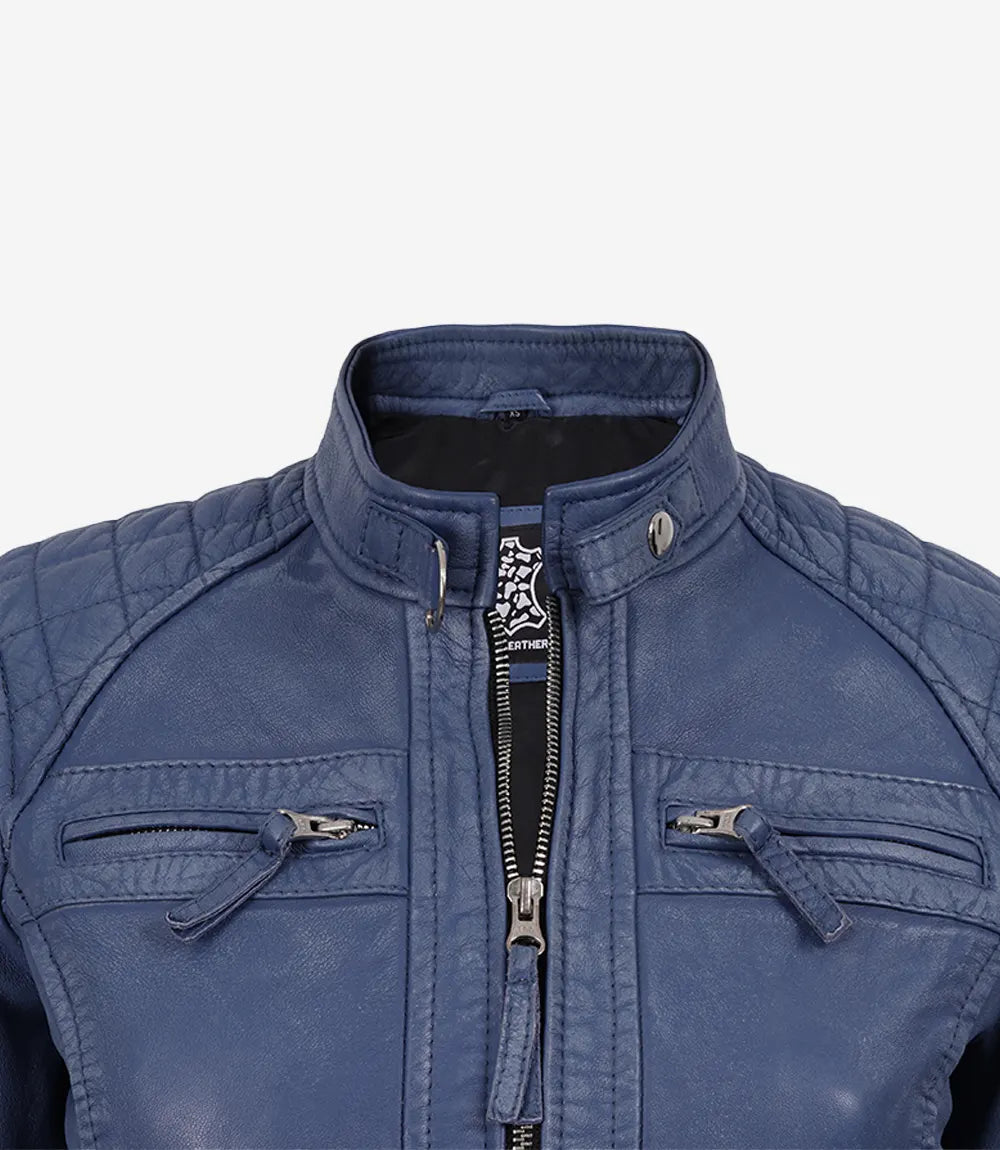 Women's Washed Blue Leather Biker Style Jacket