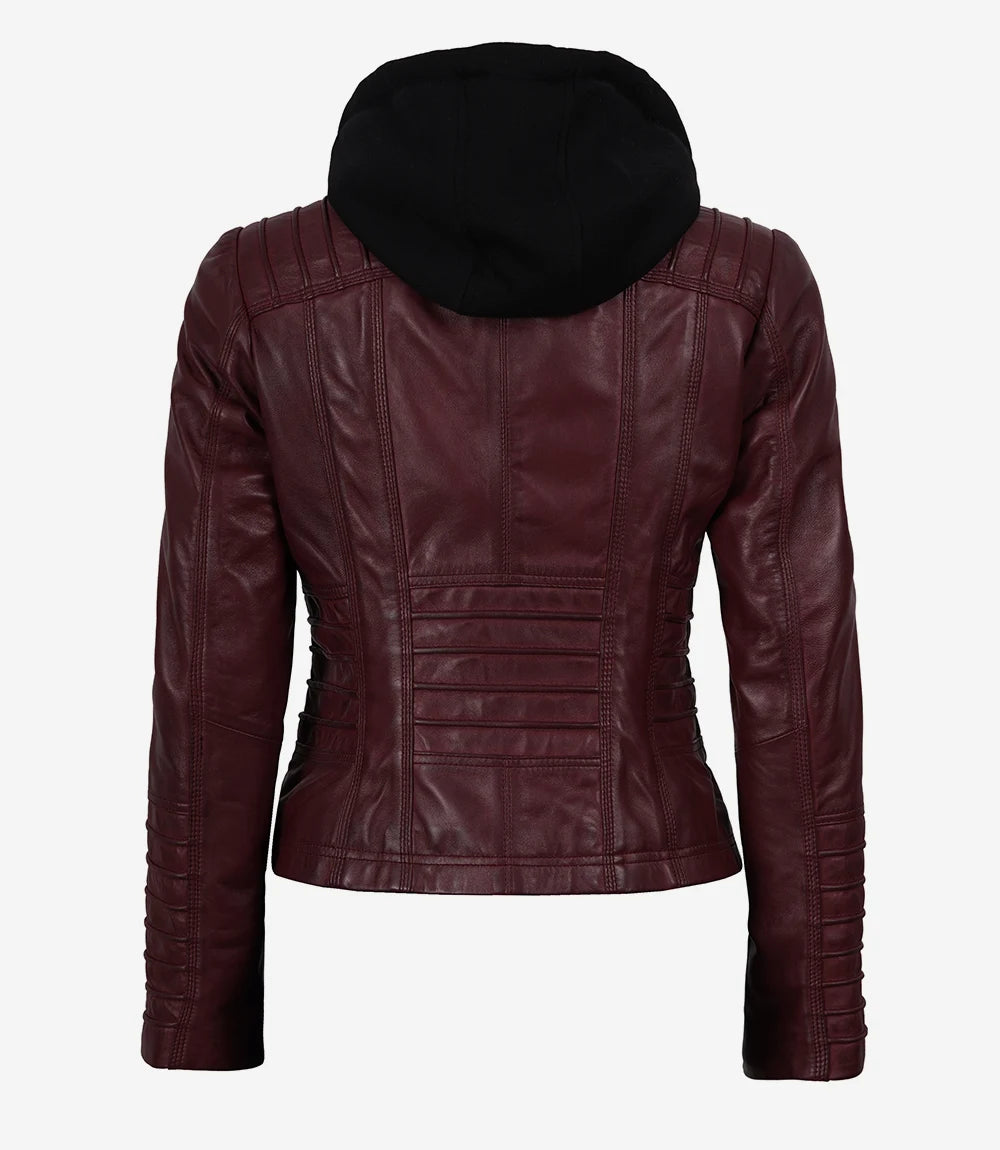 Women's Maroon Waxed Leather Hooded Biker Jacket