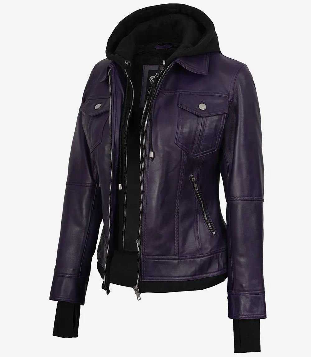 Women's Purple Bomber Leather Jacket - Removable Hood