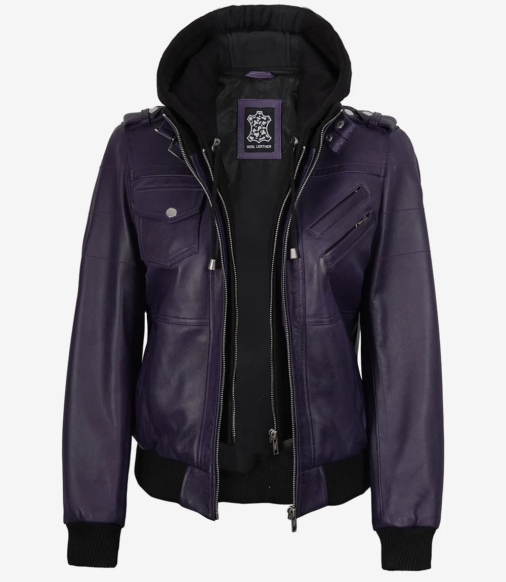 Women's Purple Bomber Leather Jacket with Removable Hood