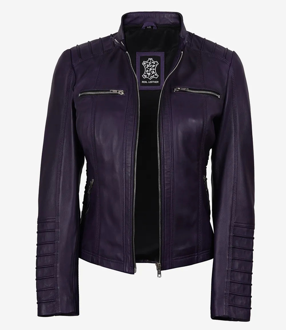 Women's Purple Real Leather Biker Jacket – Removable Hood