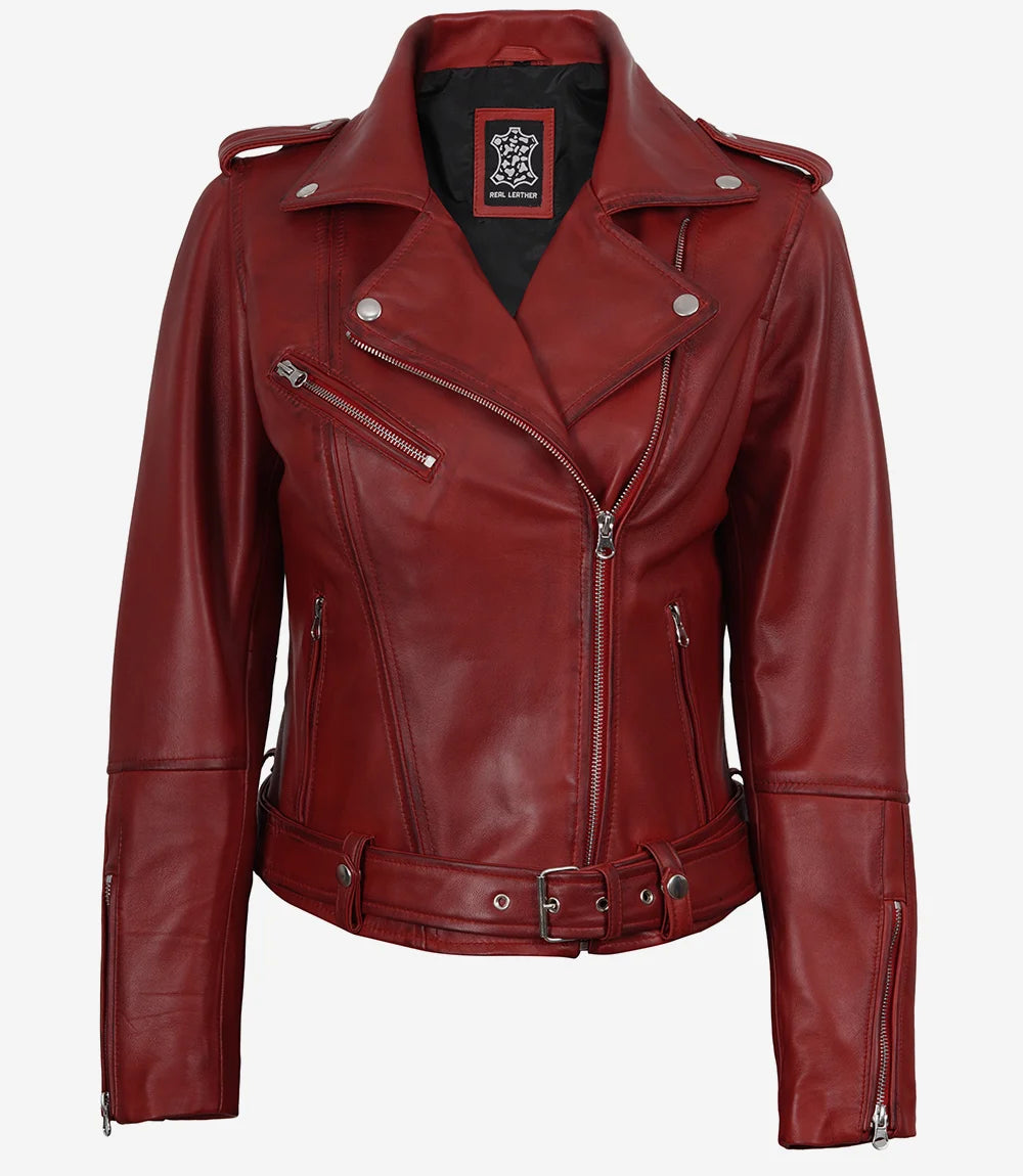 Women's Red Asymmetrical Belted Biker Style Leather Jacket