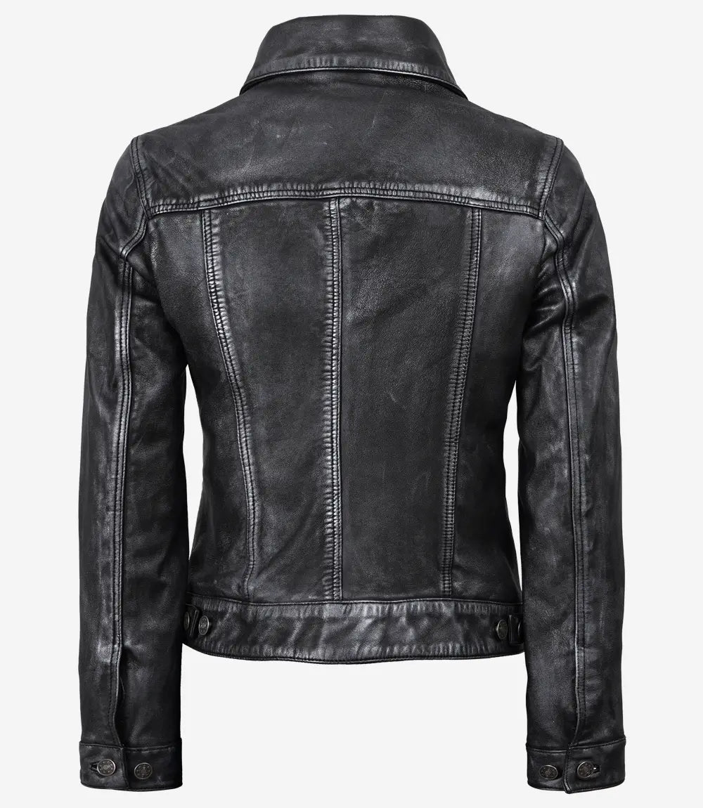 Women's Washed Black Trucker Leather Jacket