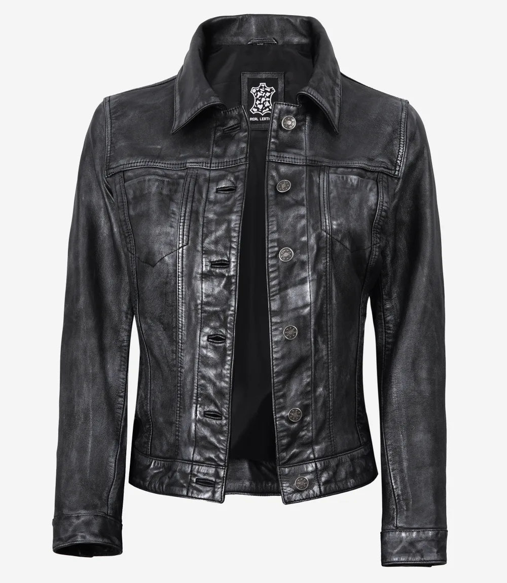 Women's Washed Black Trucker Leather Jacket