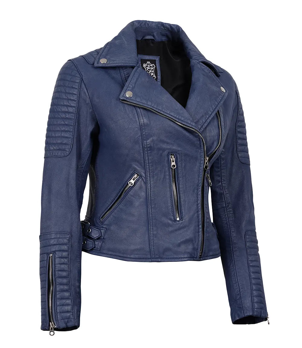 Women's Blue Washed Asymmetrical Leather Biker Jacket