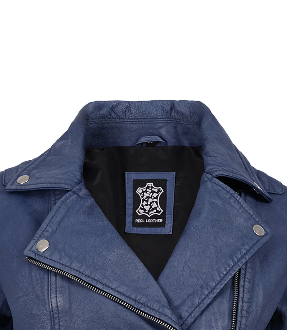 Women's Blue Washed Asymmetrical Leather Biker Jacket
