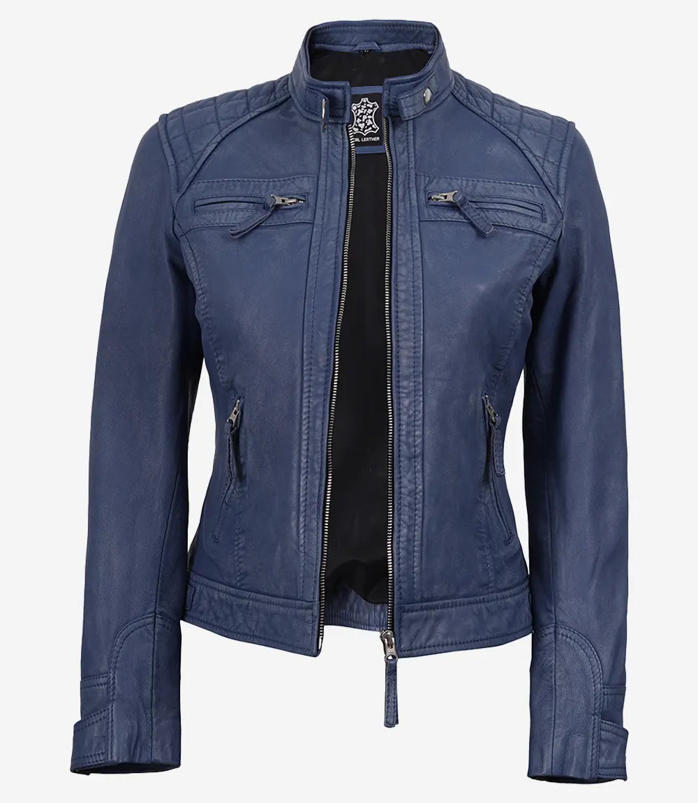 Women's Washed Blue Leather Biker Style Jacket