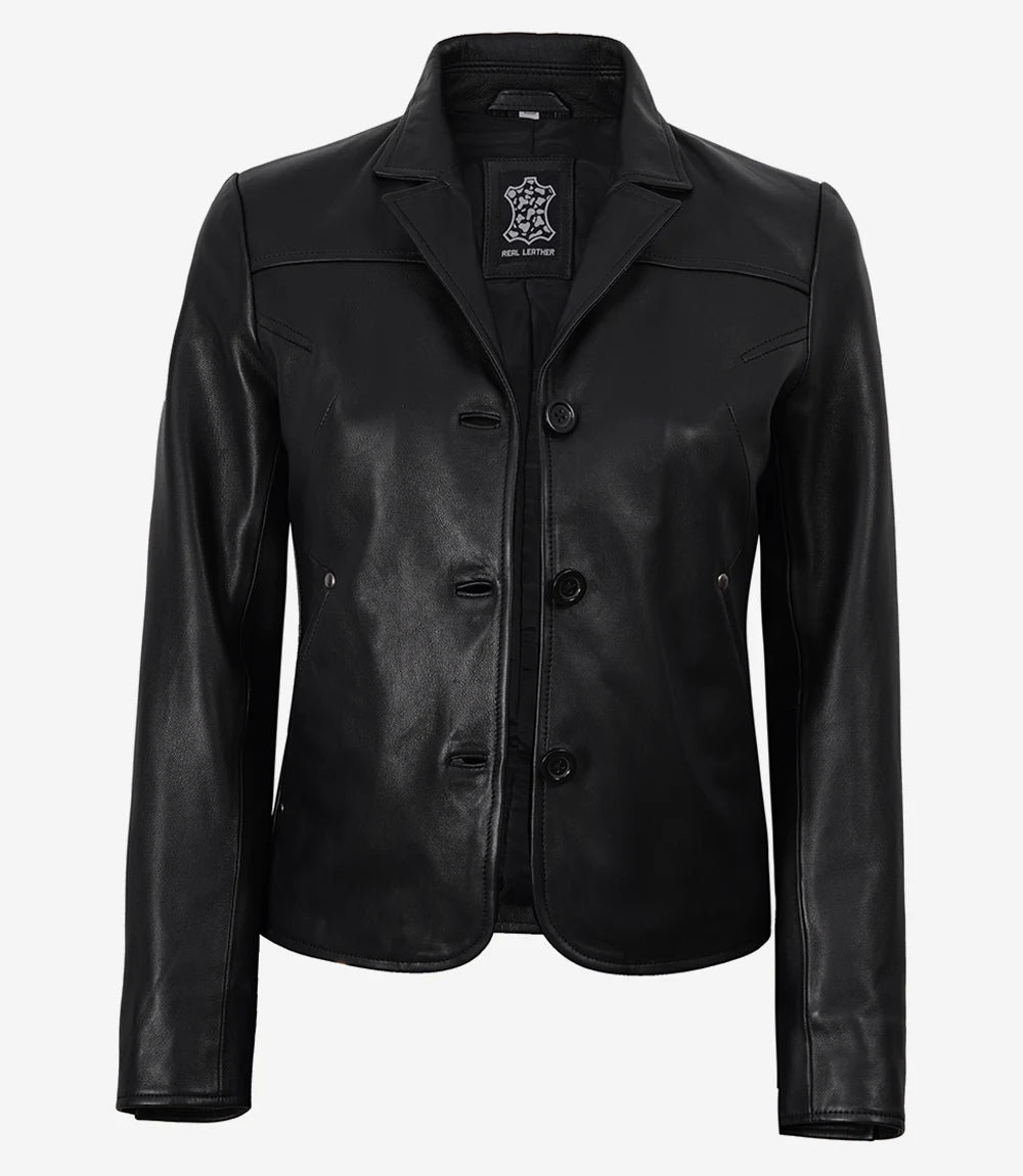 Women's Short Body 3 Button Black Leather Jacket - Black