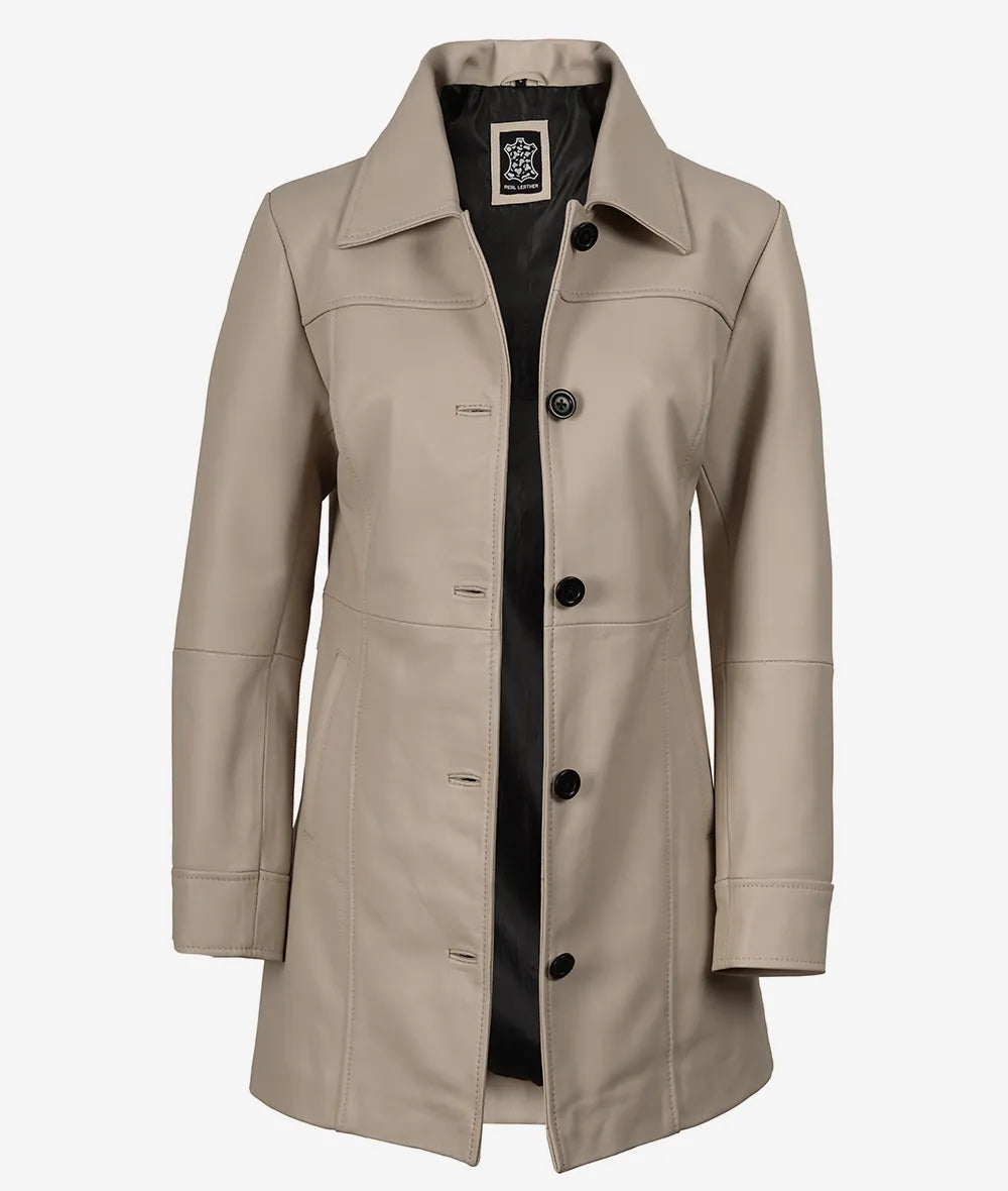 Women's Real Lambskin Leather 3/4 Length Beige Coat