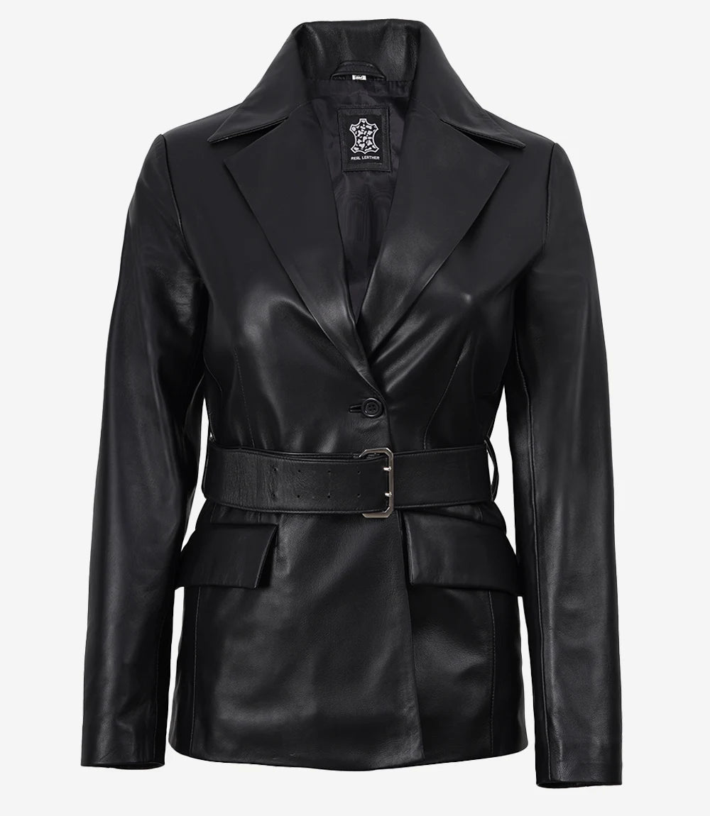 Women's Notch Lapel Belted Black Leather Blazer - Black