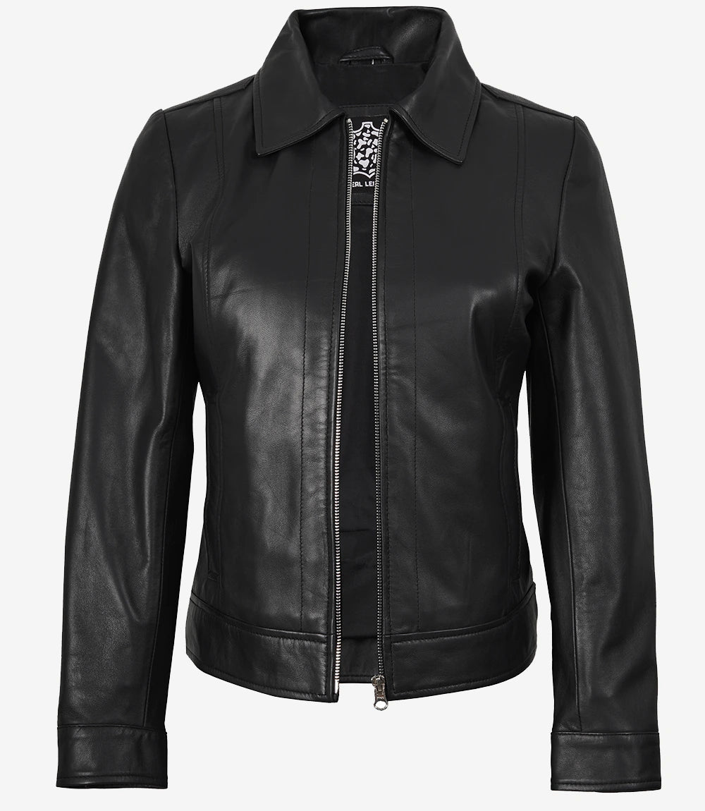 Womens Shirt Collar Black Leather Jacket