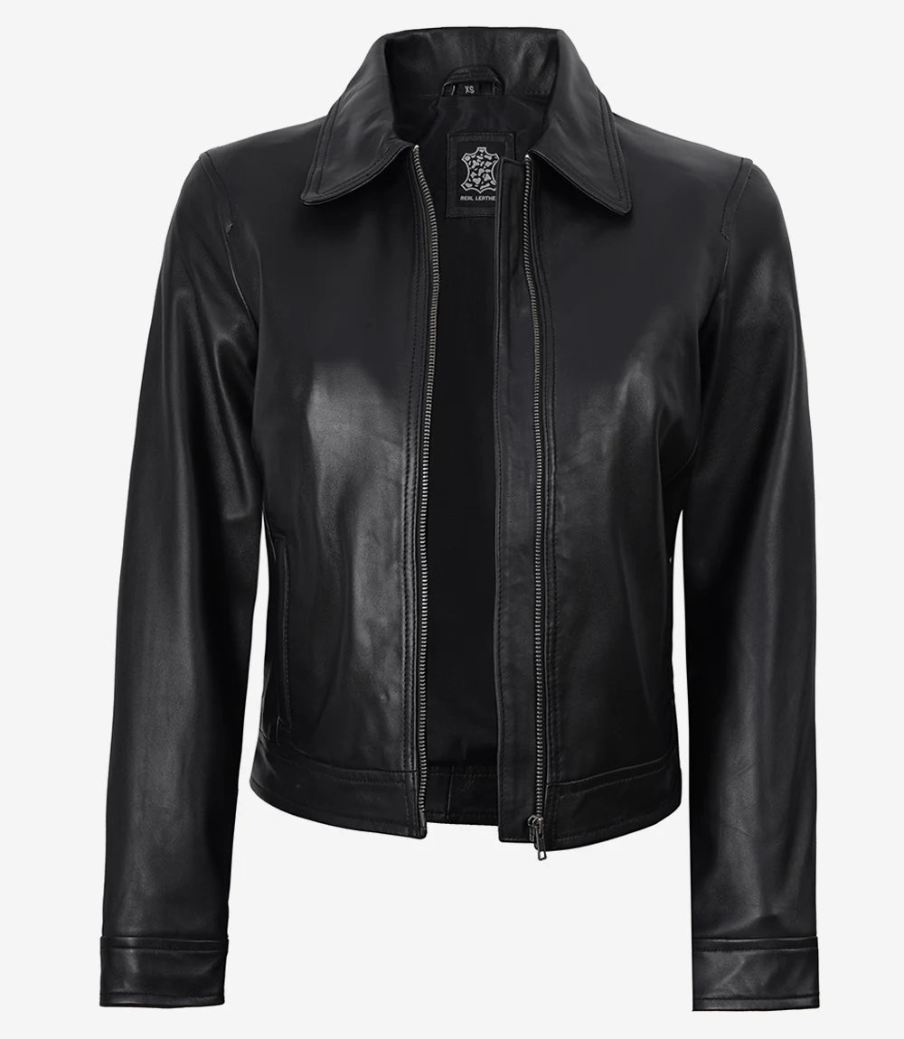 Women's Black Harrington Leather Jacket - Black - view 2
