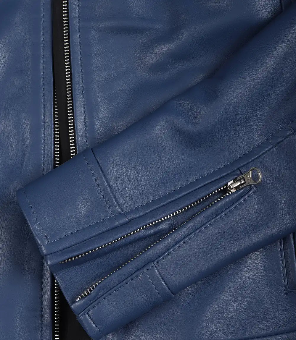 Womens Biker Racer Blue Leather Jacket