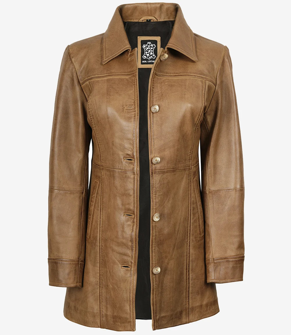 Womens Real Leather Camel Brown Coat