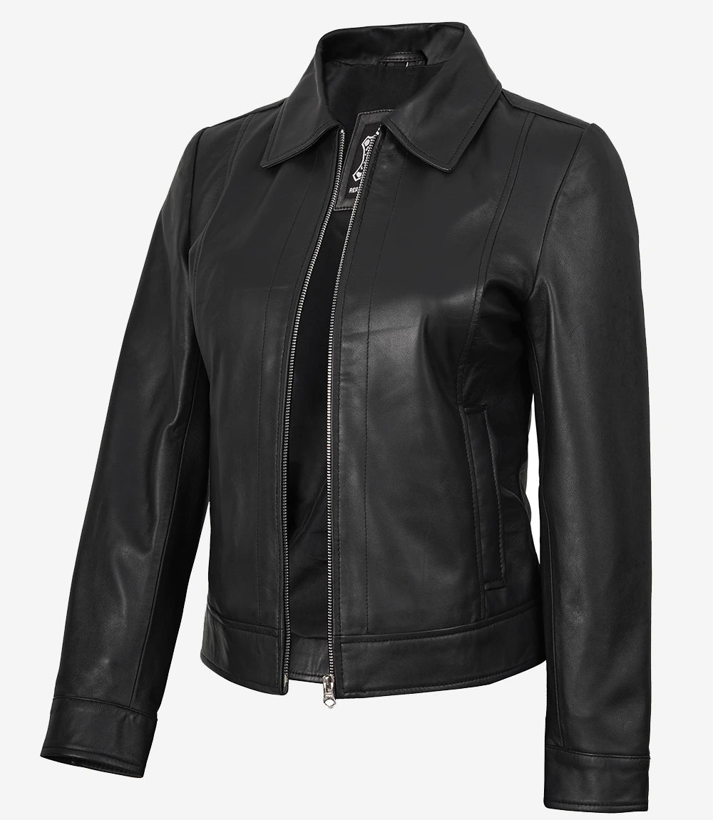 Womens Shirt Collar Black Leather Jacket