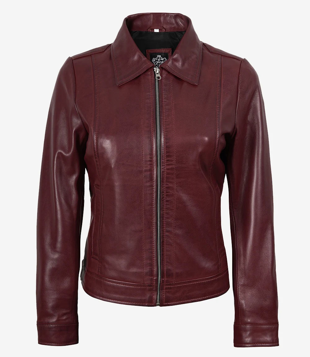 Womens Shirt Collar Maroon Leather Jacket