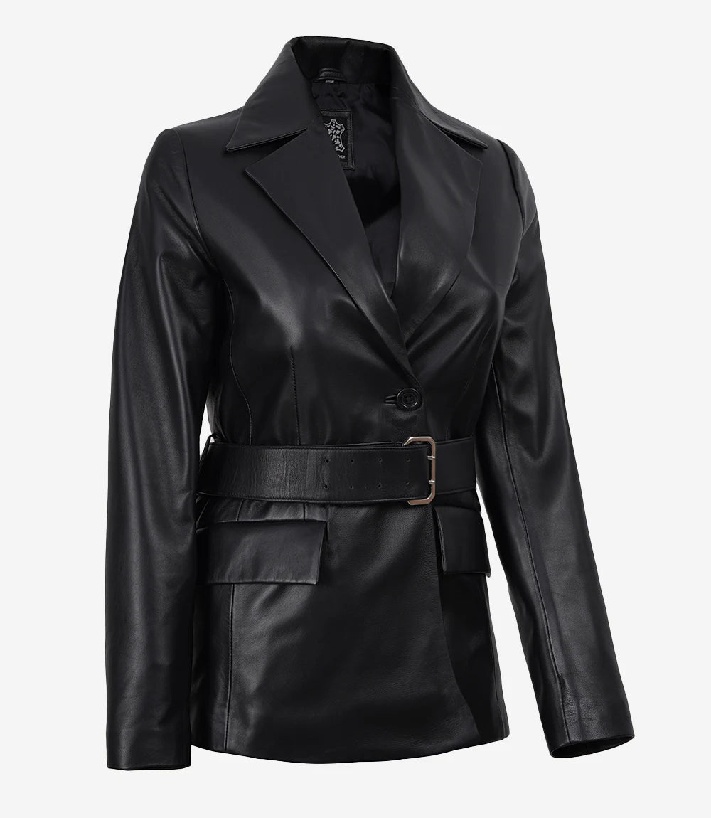 Women's Notch Lapel Belted Black Leather Blazer - Black - view 2