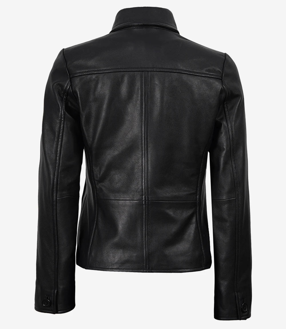 Women's Short Body 3 Button Black Leather Jacket - Black - view 4
