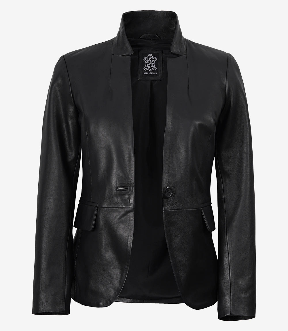 Women's Single Button Black Belted Leather Blazer - Black - view 4