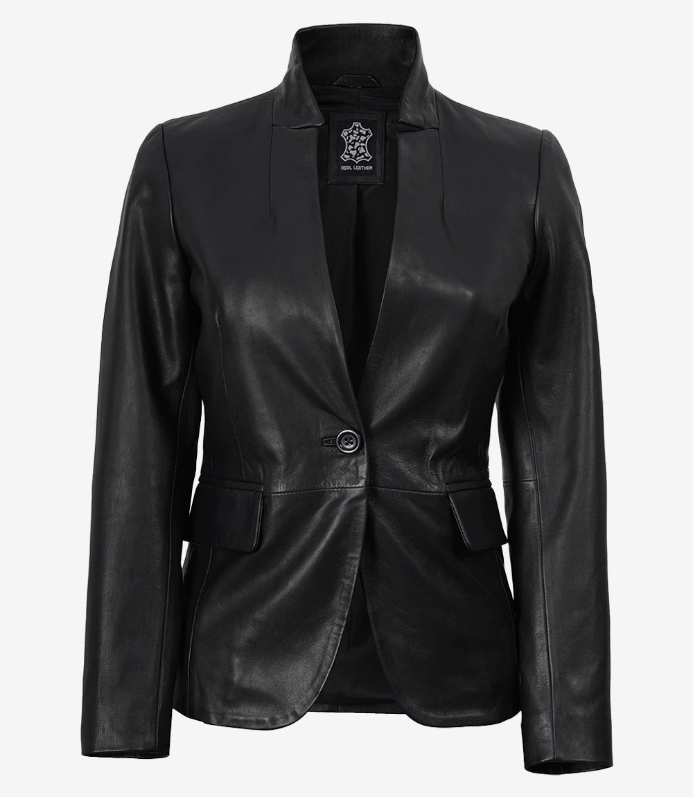 Women's Single Button Black Belted Leather Blazer - Black