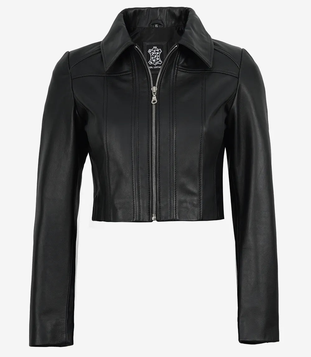 Marsha Women's Cropped Black Leather Jacket with Shirt Collar